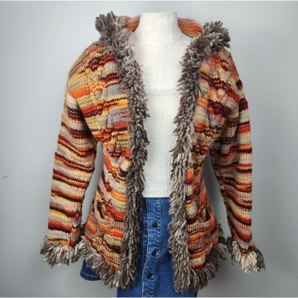 Penny Lane Handknit Wool Hooded Cardigan Jacket Fringe Trim Chunky Cabel Size M - Picture 3 of 13